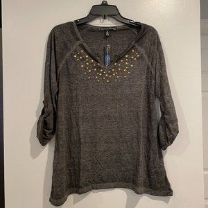 French Laundry Tee Shirt Gray Medium Gold Studded Womens V Neck Roll Tab